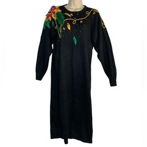 Vintage Germaine Astor Knit Sweater Dress with Decorative Appliqué and Beading